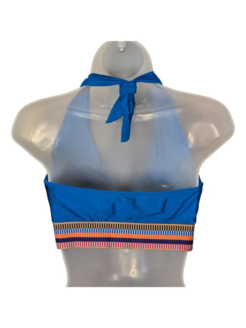 Deep V‑Neck Halter Bikini Top Medium Teal Blue Striped Band Pull‑On Lined - Picture 5 of 5